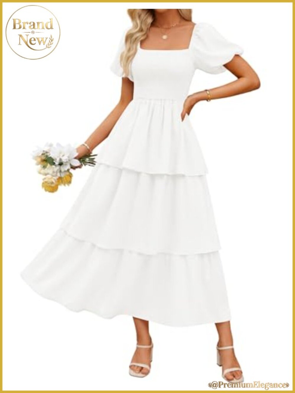 Women's Bohemian Midi Dress Short Puff Sleeve Square Neck Backless Smocked